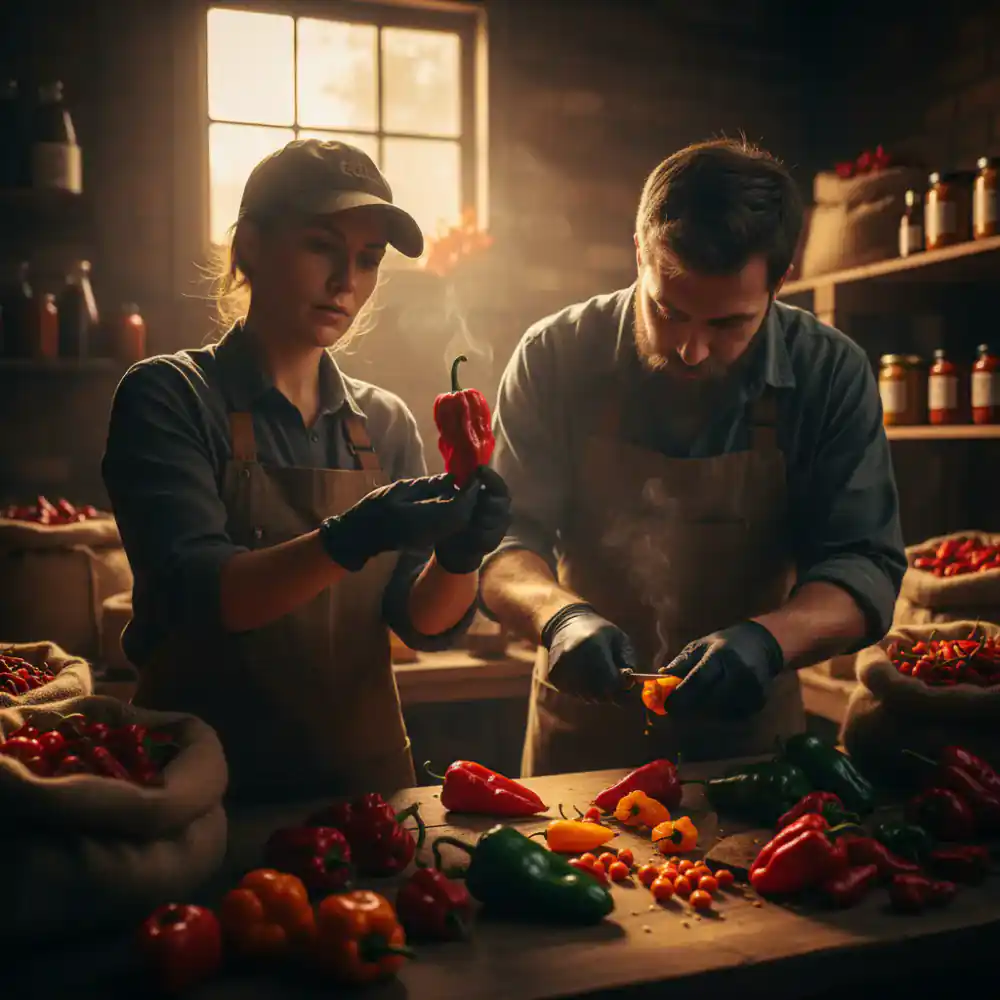 Founders of HeatCraft Sauces inspecting peppers