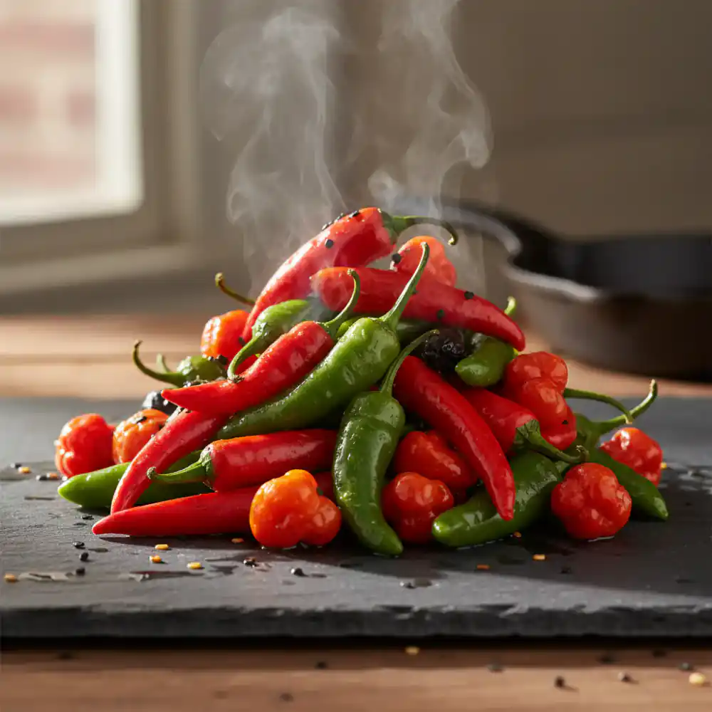 Fresh hot peppers piled high on a dark surface