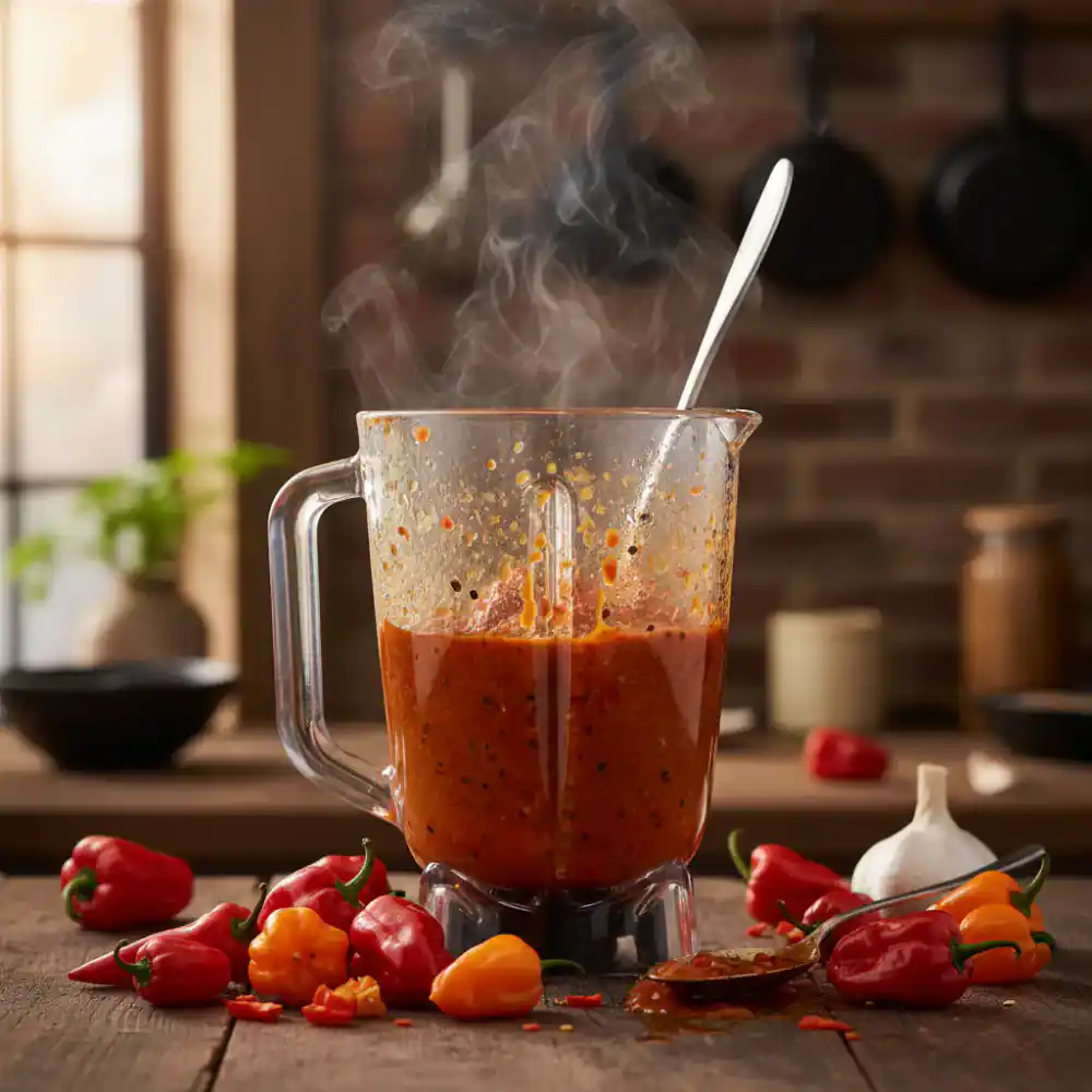 Fresh hot peppers being blended into sauce