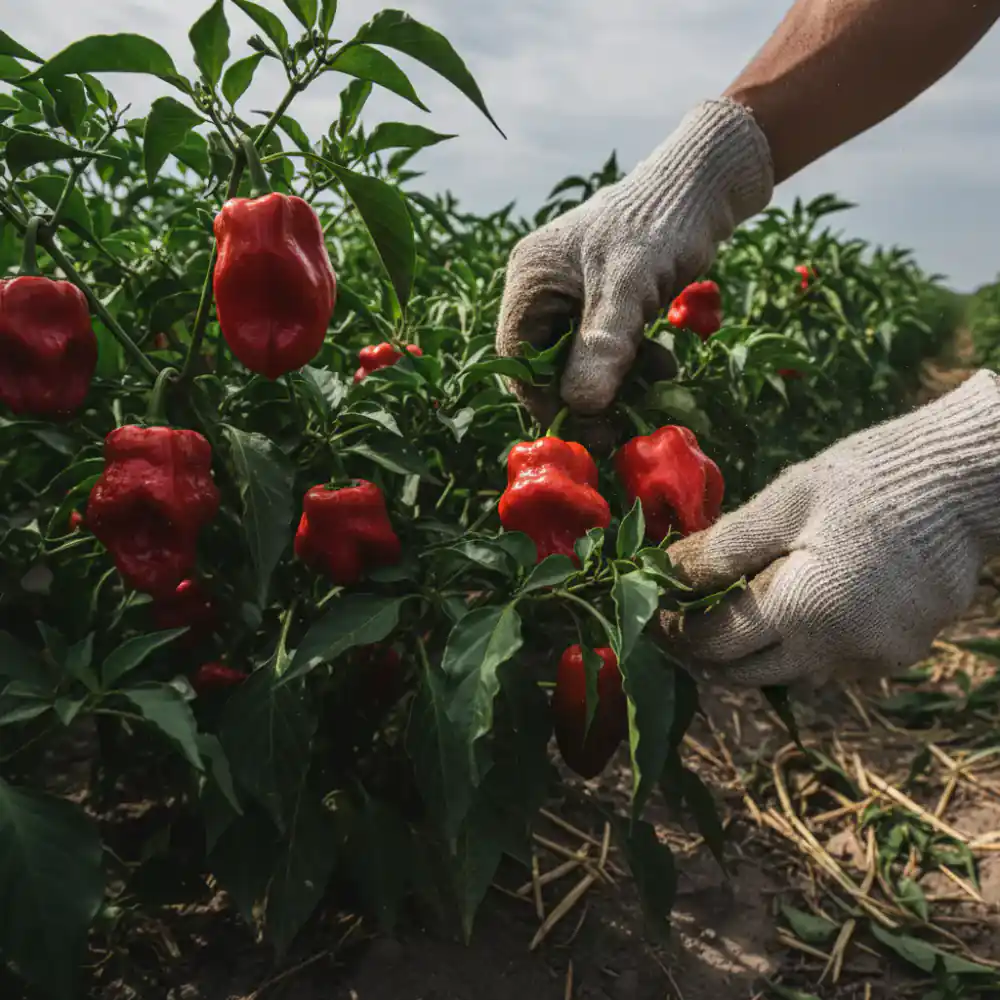 Harvesting red ghost peppers in the field