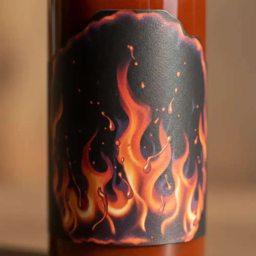 Close up of a new hot sauce label
