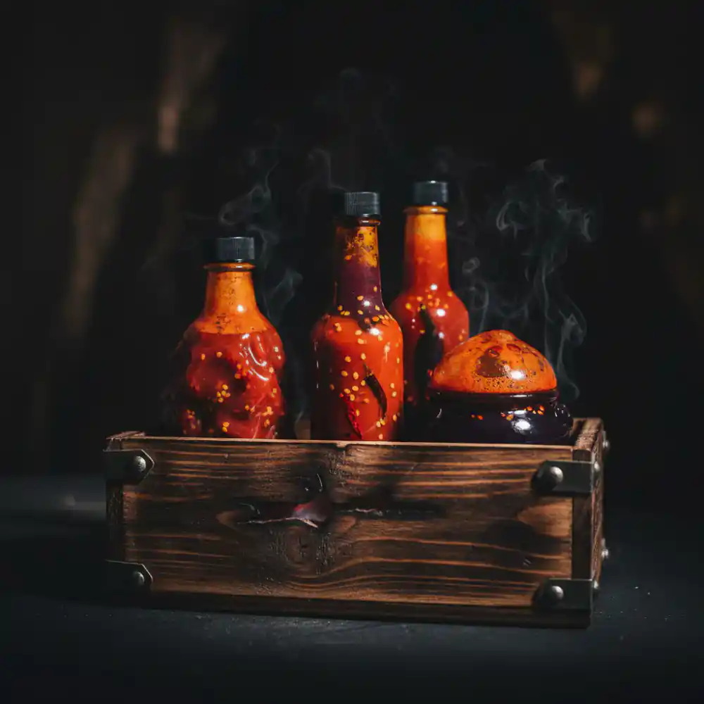 Three extreme hot sauce bottles packed in a dark custom box