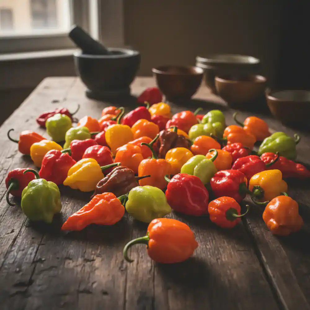 Fresh habanero and ghost peppers scattered on a table