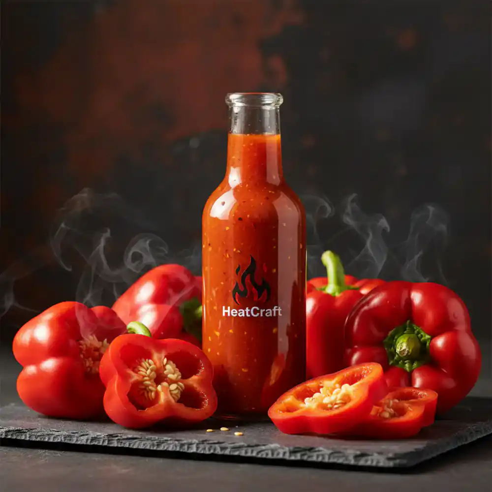 Fresh red peppers and a bottle of HeatCraft hot sauce on a dark surface