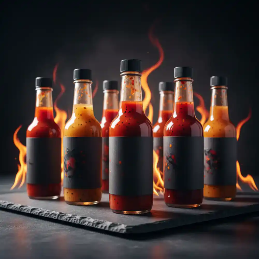 Array of HeatCraft hot sauce bottles on a dark slate surface