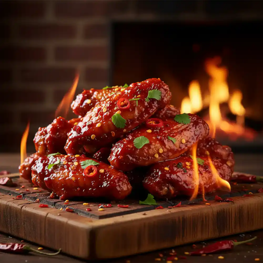 Spicy glazed chicken wings on a wooden board