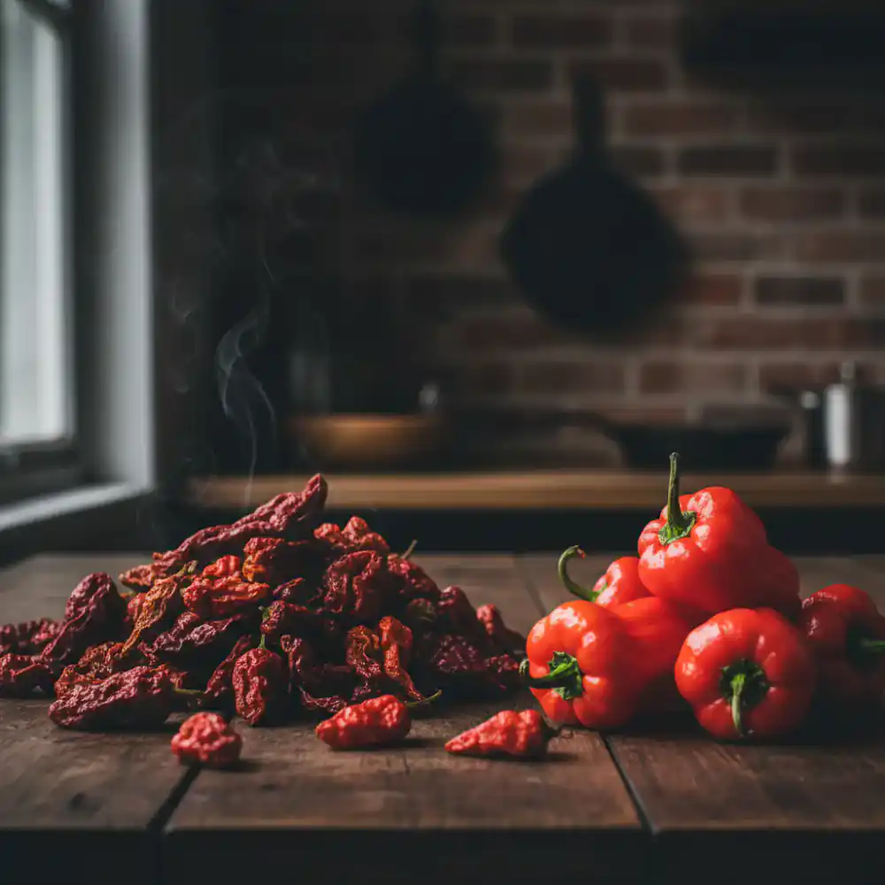 Dried ghost peppers and fresh carolina reapers